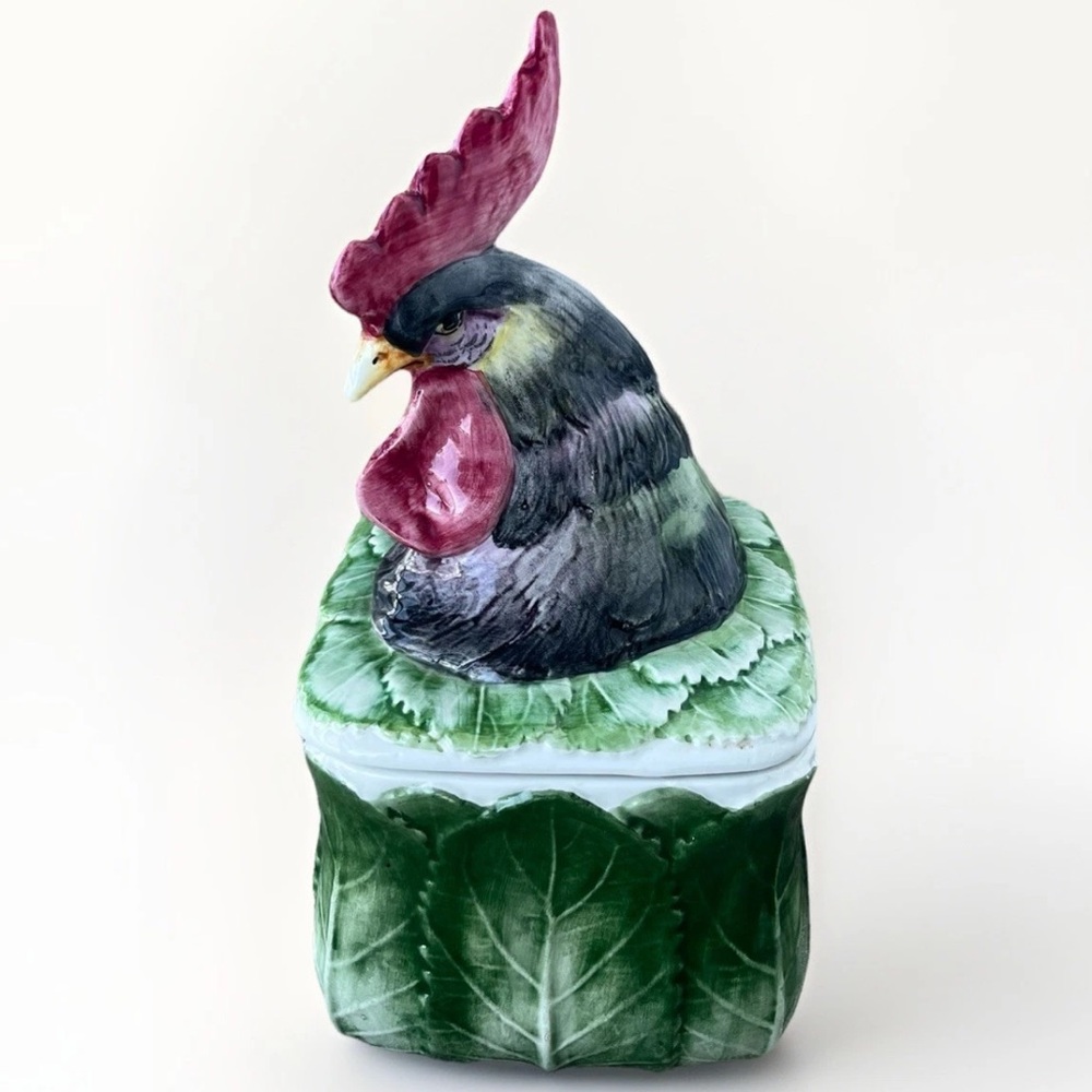 Vietri Italian Pottery Rooster Green Leaf Cabbage Canister Jar 12" ITALY